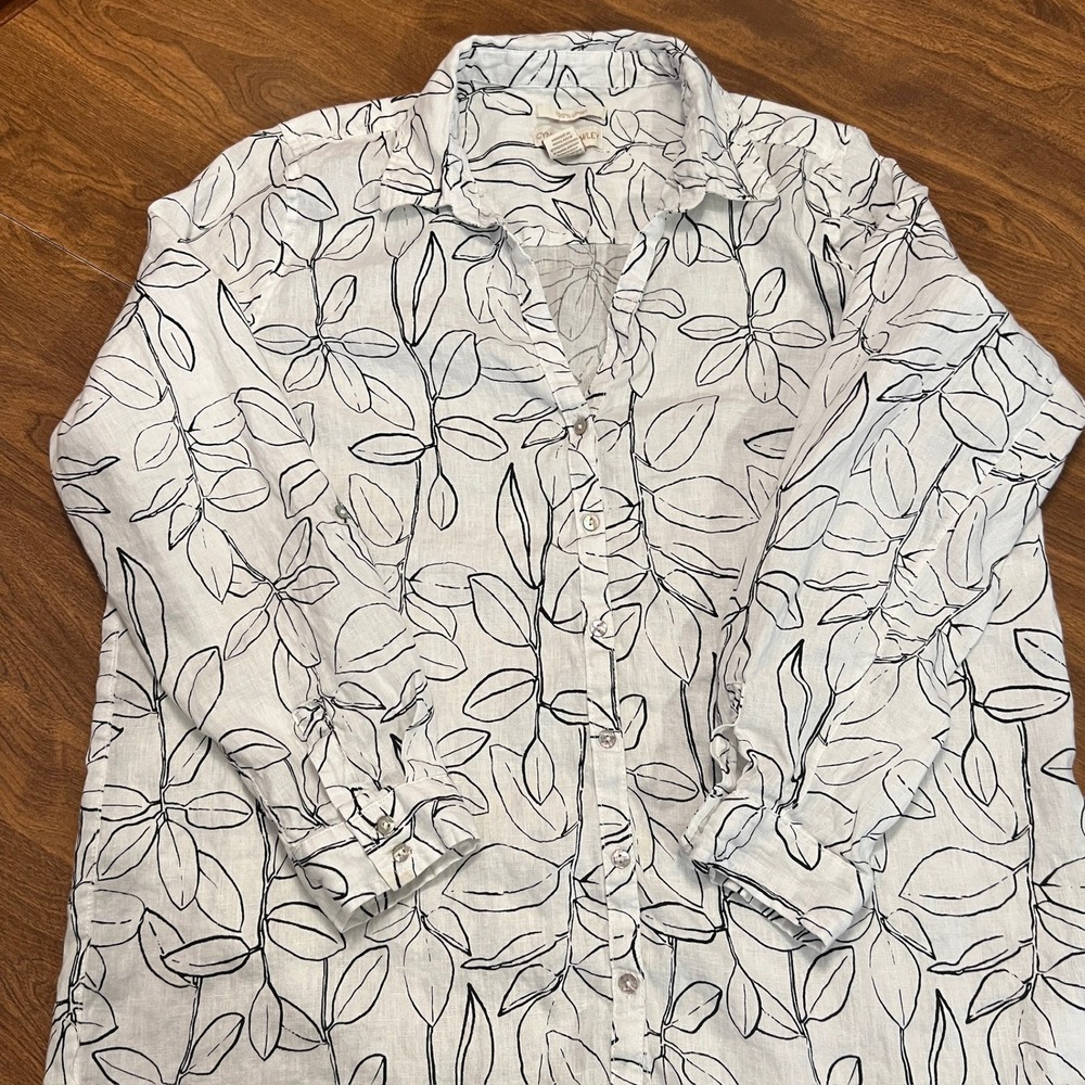 Cynthia Rowley Linen Leaf Print Button Down Shirt Women's XL - Picture 2 of 11